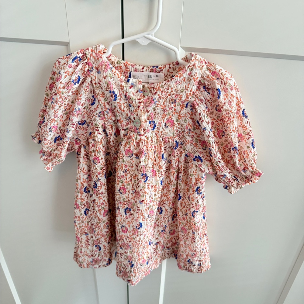 Zara toddler Floral Puff-Sleeve Smocked Blouse - Pink/Blue